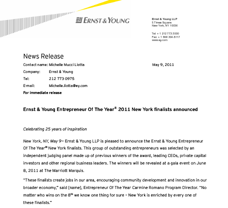 Letter from E&Y announcing the Regional Finalists in their Prestigious EOTY Award